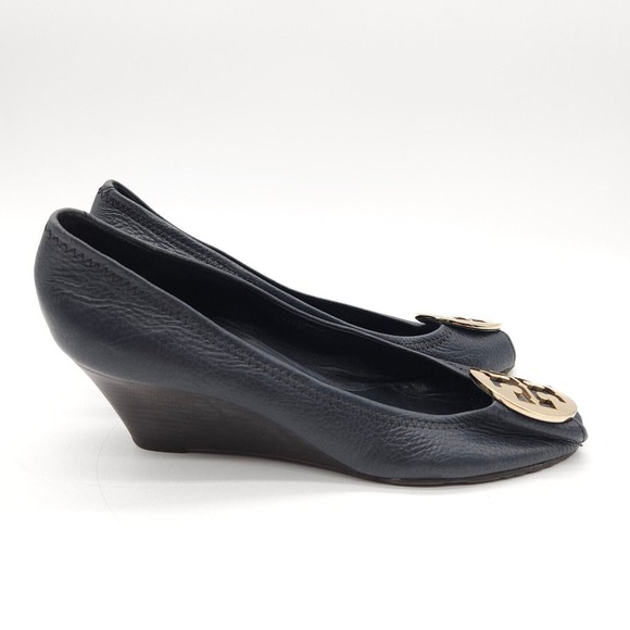 Tory Burch (Womens Size 10.5) Sally Peep Toe Wedge Pumps Blue Pebbled Leather - Picture 5 of 8
